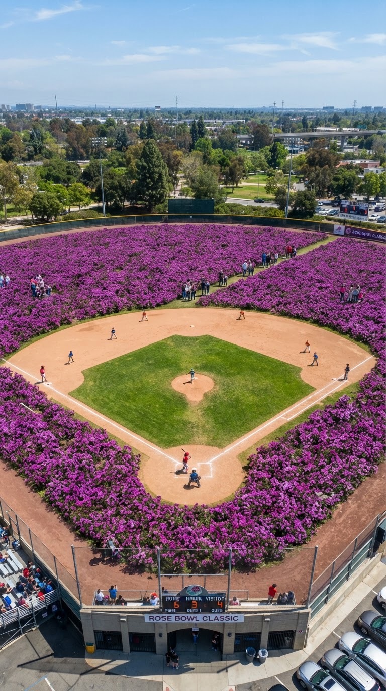 Aerial view of a baseball diamond ringed in purple flowers